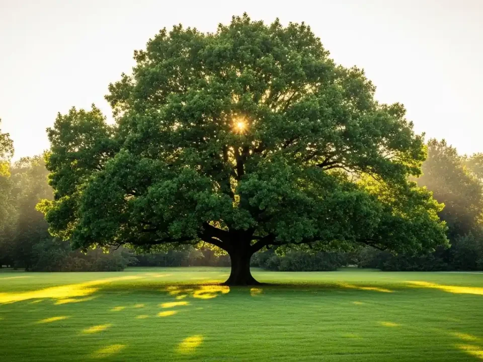 Majestätische, perfekt geformte Eiche in einem Park - Sinnbild für ästhetische Baumpflege durch Planbaum in München.