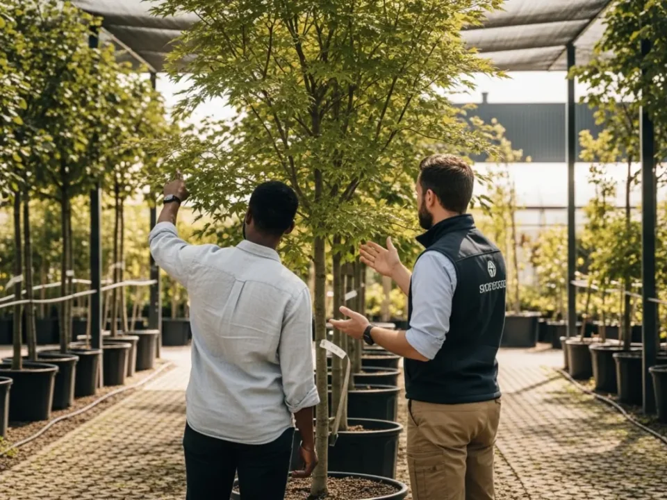 Ein Kunde und ein Baumpfleger beraten sich in einer Baumschule bei der Auswahl eines passenden Baumes.