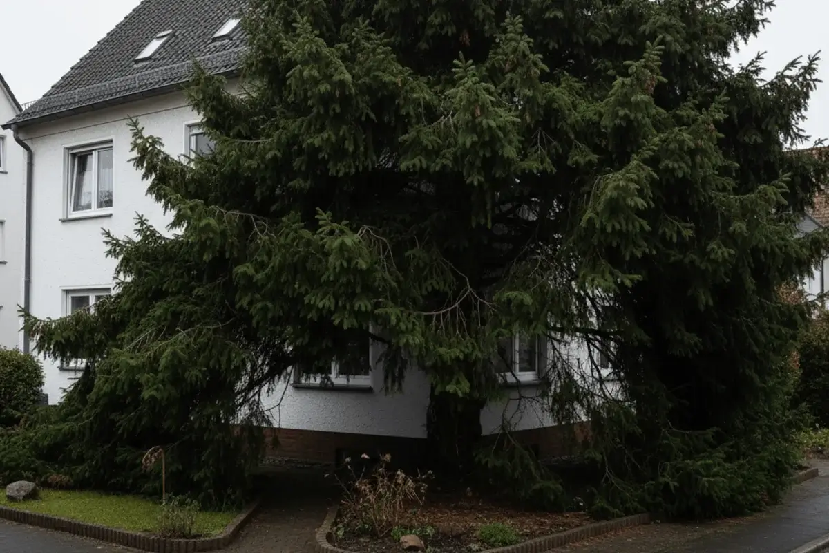 Eine große Fichte, die viel zu nah an einem Wohnhaus gepflanzt wurde und die Fenster verdeckt.