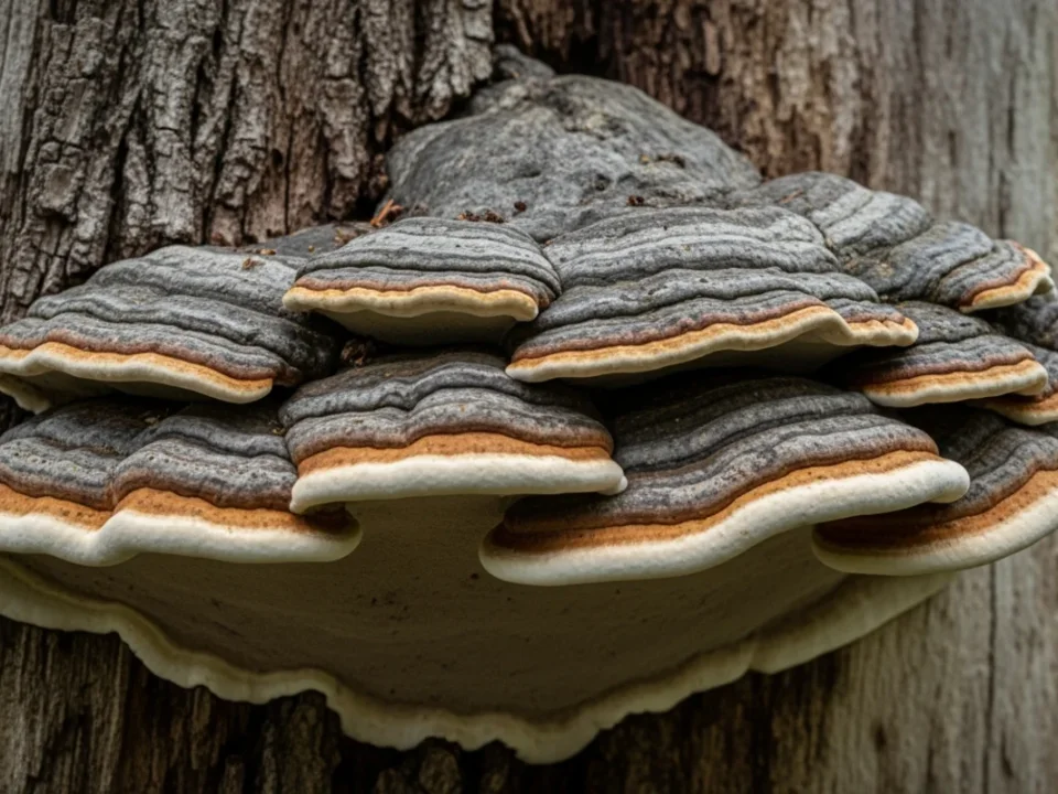 Großer Konsolenpilz am Stamm eines Baumes, ein deutliches Anzeichen für eine fortgeschrittene Baumkrankheit.