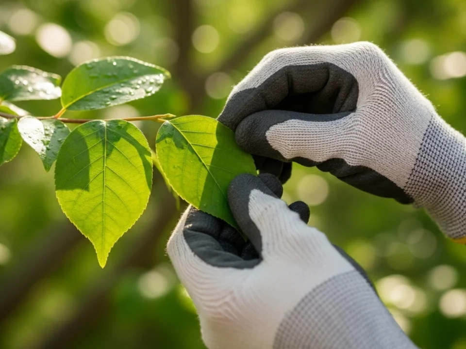 Hände eines Experten in Handschuhen untersuchen sorgfältig ein gesundes, grünes Blatt als Symbol für Baumpflege als Prävention.