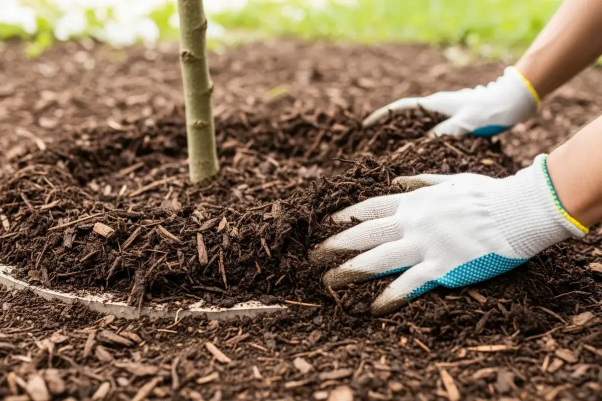 : Hände in Handschuhen verteilen sorgfältig Mulch um den Stamm eines Baumes zur Standortverbesserung.