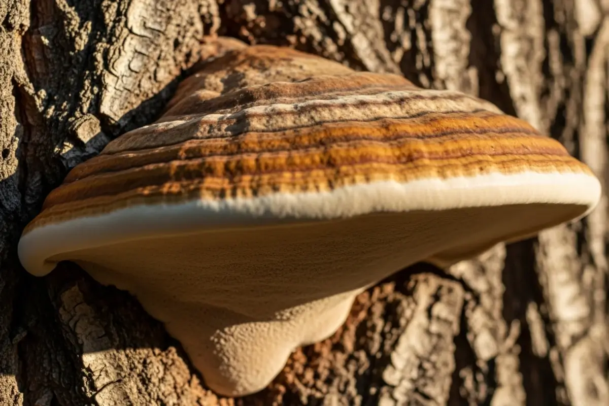 Nahaufnahme eines deutlich sichtbaren Pilzfruchtkörpers, der direkt aus dem Stamm eines alten Baumes wächst.