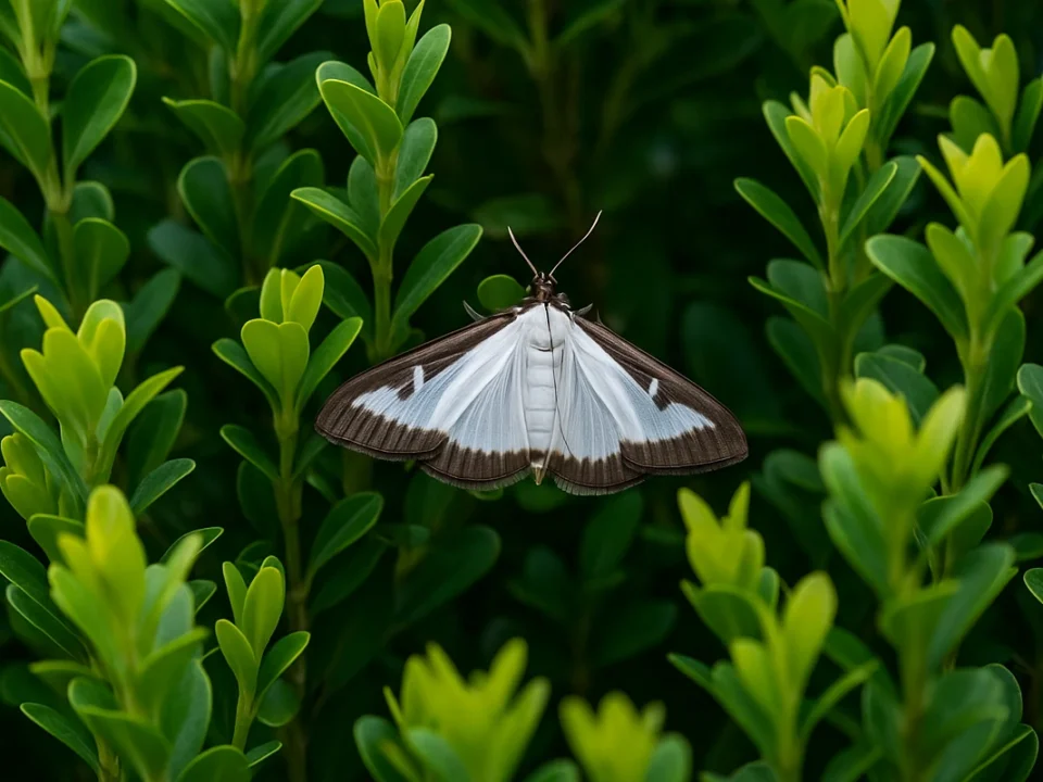 Ein Buchsbaumzünsler-Falter mit weißen Flügeln und braunem Rand sitzt auf einem grünen Buchsbaumblatt.