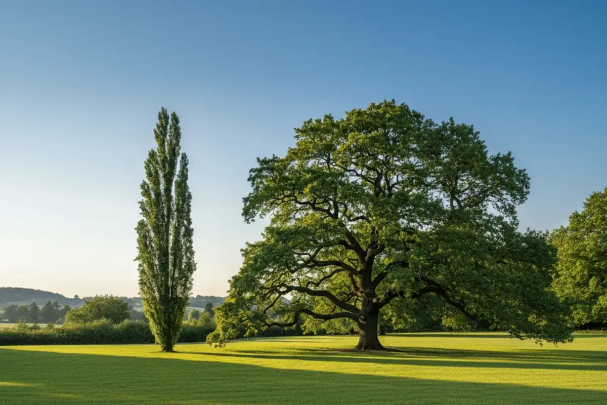 Gegenüberstellung zweier Bäume zur Verdeutlichung des Habitus: links eine hohe, schmale Pappel, rechts eine breite, ausladende Eiche.