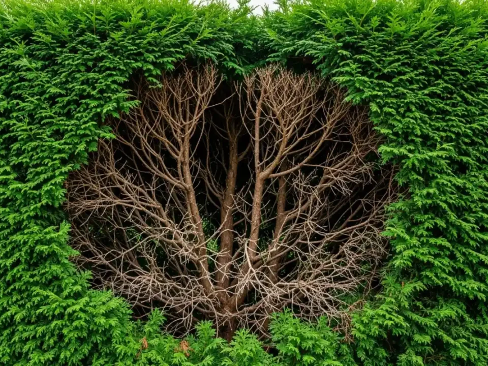 Grüne Hecke mit einer großen, braunen, kahlen Lücke in der Mitte, die das Problem der Verkahlung zeigt.