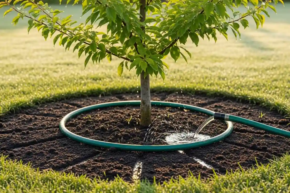 Korrekte Tiefenbewässerung eines Baumes mit einem tropfenden Gartenschlauch im Bereich der Kronentraufe.