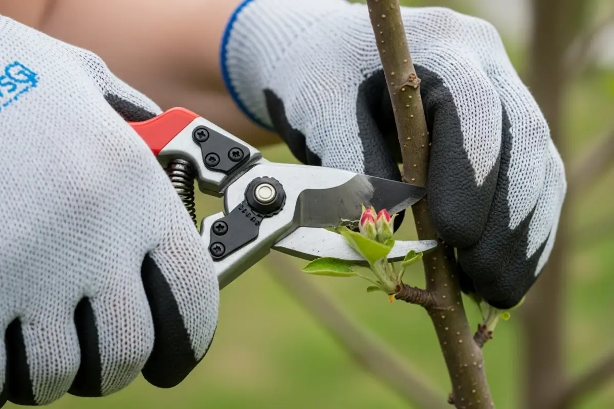 Hände in Arbeitshandschuhen nutzen eine professionelle Astschere für einen präzisen Schnitt an einem jungen Obstbaumast.