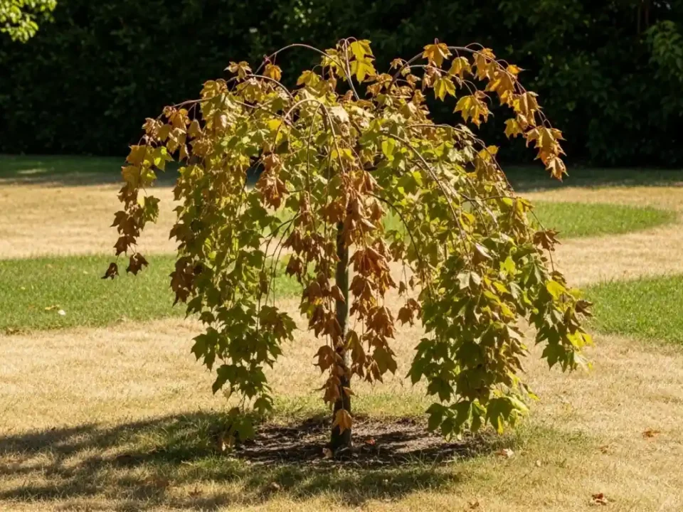 Junger Baum mit welken, herabhängenden Blättern in einem Garten in München leidet unter Trockenstress durch Hitze.