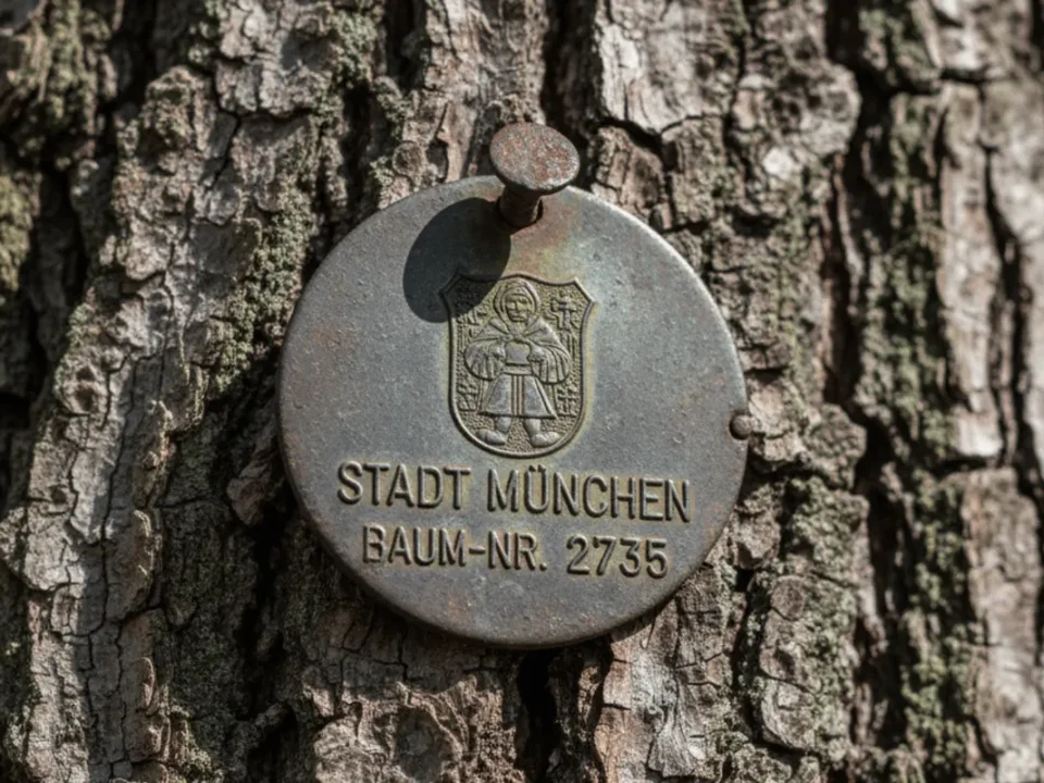 Nahaufnahme eines runden Metallschilds "Stadt München Baum-Nr. 2735" an einem Baumstamm.
