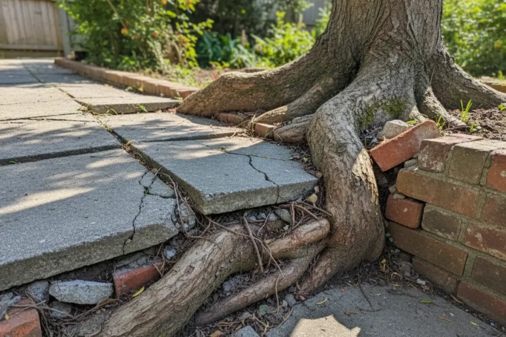 icke Baumwurzeln, die Pflastersteine anheben und Risse verursachen, als Beispiel für Wurzelschäden auf dem Nachbargrundstück.