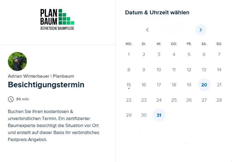 Screenshot der Online-Buchungsseite von Planbaum Ästhetische Baumpflege zur Vereinbarung eines kostenlosen Besichtigungstermins mit Adrian Winterbauer.
